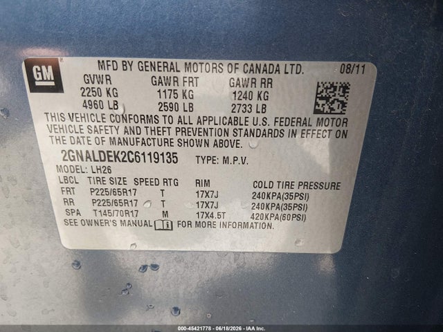 Продаж на аукціоні авто 2012 Chevrolet Equinox 1lt, vin: 2GNALDEK2C6119135, номер лоту: 45421778