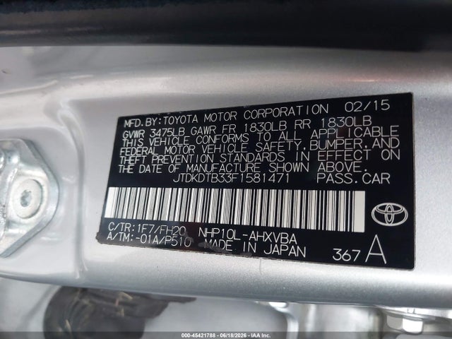 Продаж на аукціоні авто 2015 Toyota Prius C One, vin: JTDKDTB33F1581471, номер лоту: 45421788