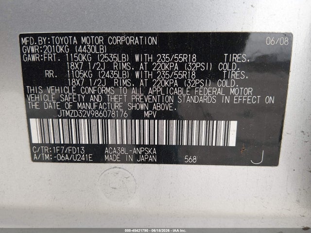 Aukcja sprzedaży 2008 Toyota Rav4 Sport, vin: JTMZD32V986078176, numer aukcji: 45421790