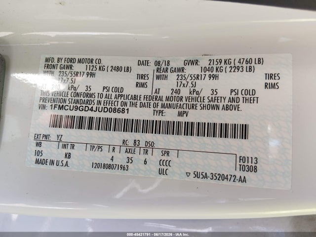 Ford ESCAPE SE 2018 1FMCU9GD4JUD08681 Image 9