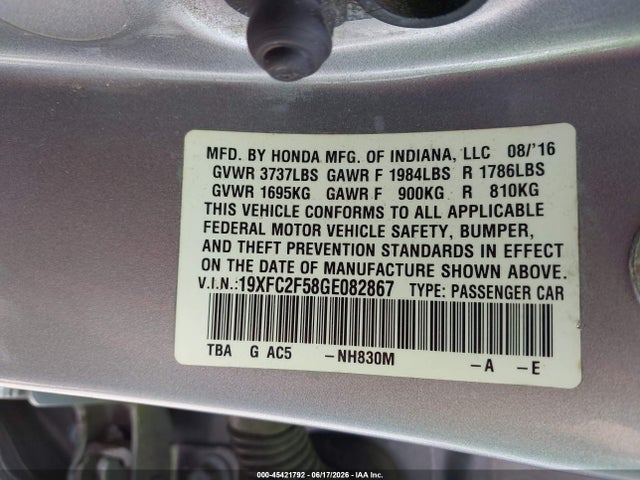 45421792 :رقم المزاد ، 19XFC2F58GE082867 vin ، 2016 Honda Civic Lx مزاد بيع
