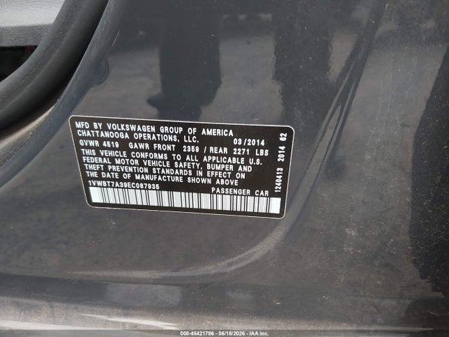 2014 Volkswagen Passat 1.8t Sport მანქანა იყიდება აუქციონზე, vin: 1VWBT7A39EC087935, აუქციონის ნომერი: 45421796