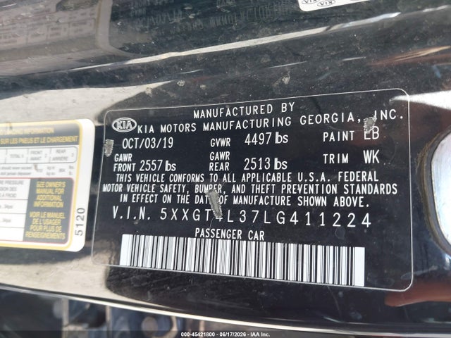Aukcja sprzedaży 2020 Kia Optima Lx, vin: 5XXGT4L37LG411224, numer aukcji: 45421800