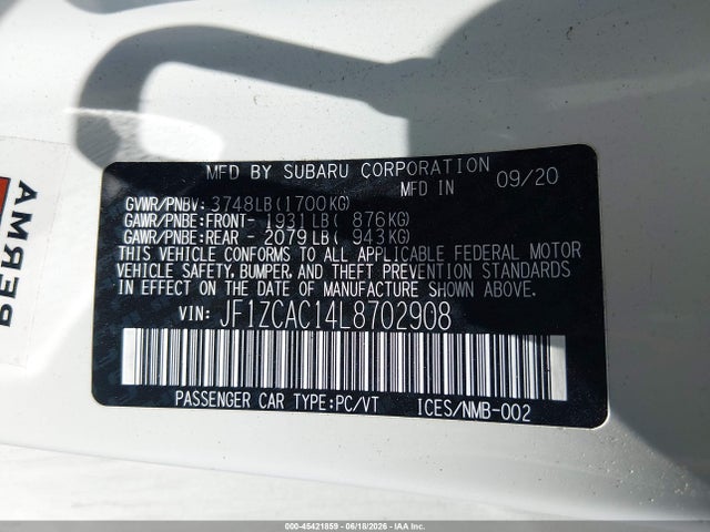 2020 Subaru Brz Limited მანქანა იყიდება აუქციონზე, vin: JF1ZCAC14L8702908, აუქციონის ნომერი: 45421859