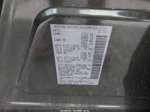 45421879 :رقم المزاد ، 5N1CL0MN2EC514881 vin ، 2014 Infiniti Qx60 Hybrid مزاد بيع