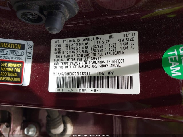5J6RM3H70EL032039 Honda Cr-v Ex-l
