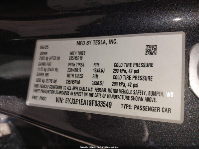 Продажа на аукционе авто 2025 Tesla Model 3 Long Range Rear-wheel Drive/standard Rear-wheel Drive, vin: 5YJ3E1EA1SF033549, номер лота: 45421900