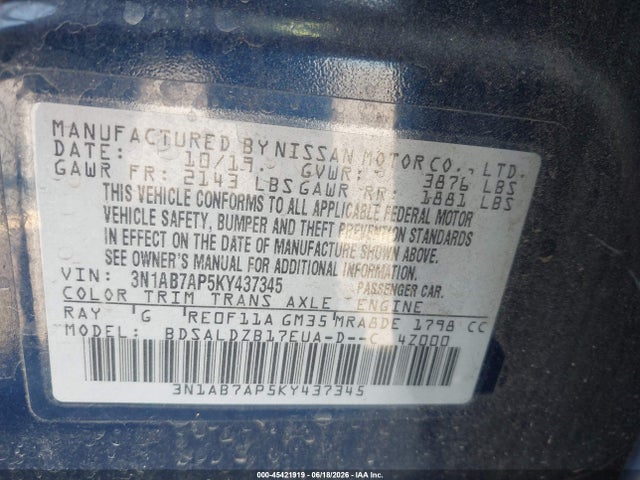 3N1AB7AP5KY437345 Nissan SENTRA SV