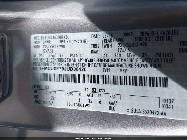 Ford ESCAPE S 2018 1FMCU0F70JUD08426 Image 9