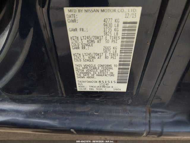 5BZAF0AA2GN851515 Nissan Nv Passenger Nv3500 Hd Sl V8