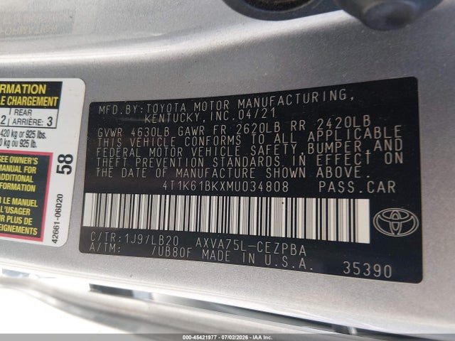 45421977 :رقم المزاد ، 4T1K61BKXMU034808 vin ، 2021 Toyota Camry Xse Awd مزاد بيع