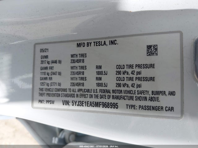Aukcja sprzedaży 2021 Tesla Model 3 Standard Range Plus Rear-wheel Drive, vin: 5YJ3E1EA5MF968995, numer aukcji: 45421981