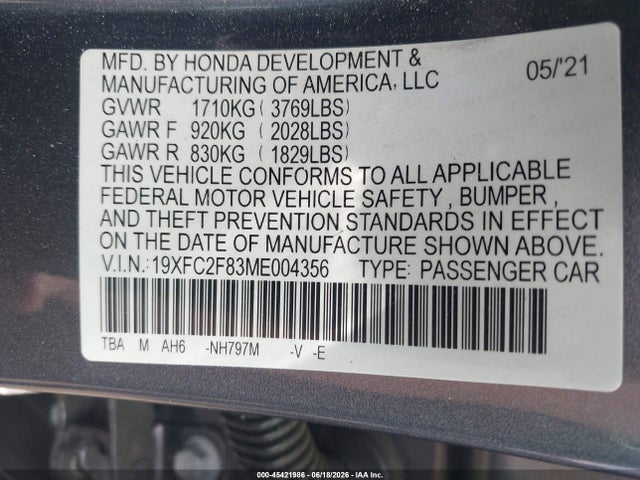 19XFC2F83ME004356 Honda Civic Sport