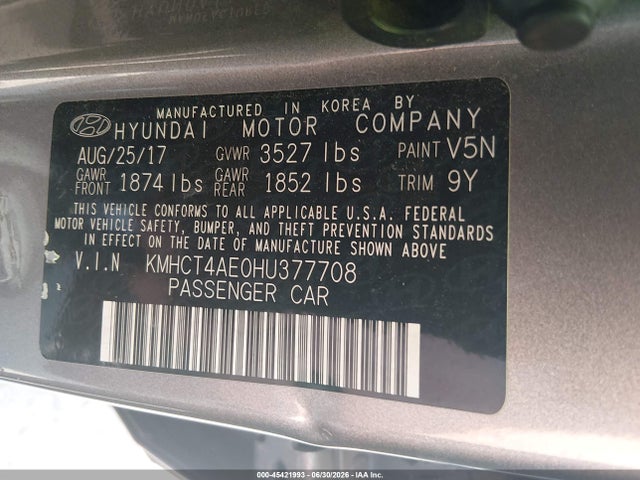 2017 Hyundai Accent Se მანქანა იყიდება აუქციონზე, vin: KMHCT4AE0HU377708, აუქციონის ნომერი: 45421993