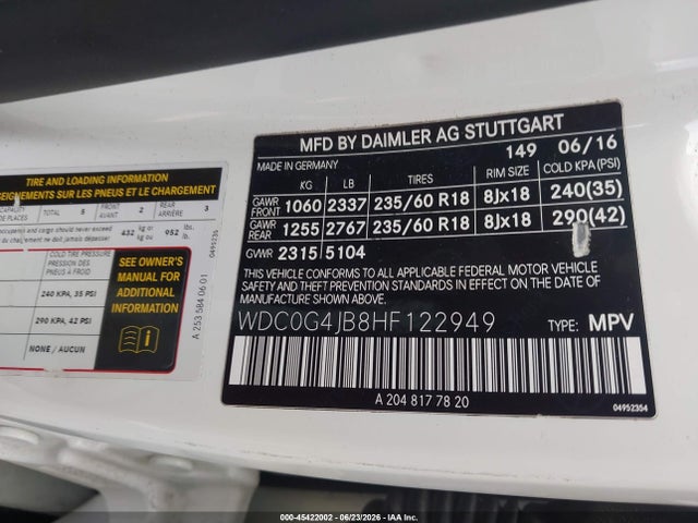 Продаж на аукціоні авто 2017 Mercedes-benz Glc 300, vin: WDC0G4JB8HF122949, номер лоту: 45422002