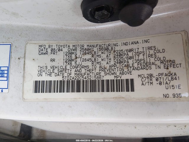 45422018 :رقم المزاد ، 5TDZA22C54S215867 vin ، 2004 Toyota Sienna Xle مزاد بيع