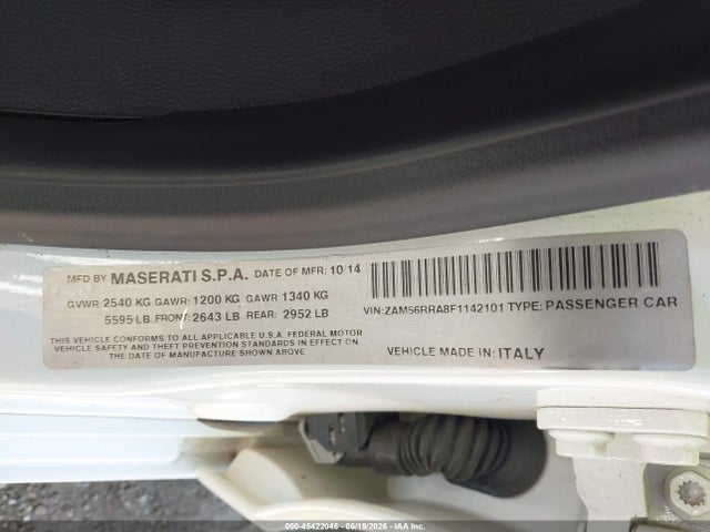 2015 Maserati Quattroporte S Q4 მანქანა იყიდება აუქციონზე, vin: ZAM56RRA8F1142101, აუქციონის ნომერი: 45422046