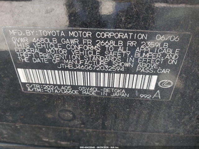 Aukcja sprzedaży 2007 Lexus Es 350, vin: JTHBJ46G672032594, numer aukcji: 45422048