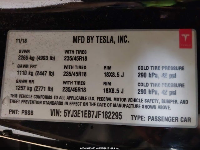 Продажа на аукционе авто 2018 Tesla Model 3 Long Range/performance, vin: 5YJ3E1EB7JF182295, номер лота: 45422053