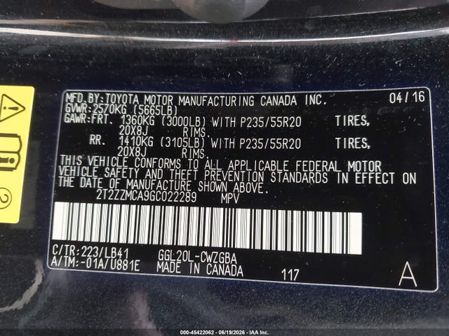 Aukcja sprzedaży 2016 Lexus Rx 350, vin: 2T2ZZMCA9GC022289, numer aukcji: 45422062
