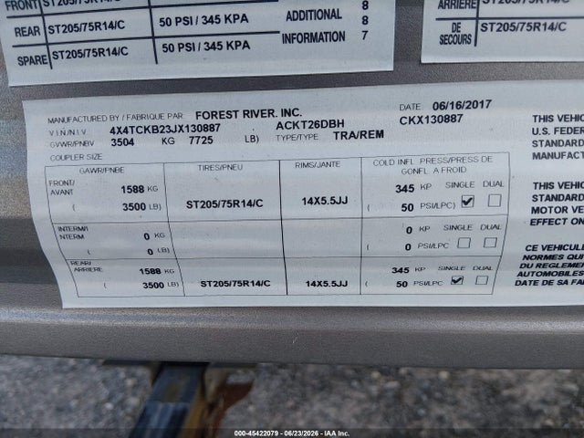 Продажа на аукционе авто 2018 Forest River Grey Wolf, vin: 4X4TCKB23JX130887, номер лота: 45422079