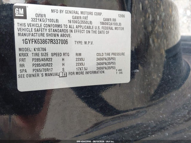 Aukcja sprzedaży 2007 Cadillac Escalade, vin: 1GYFK63867R337006, numer aukcji: 45422098
