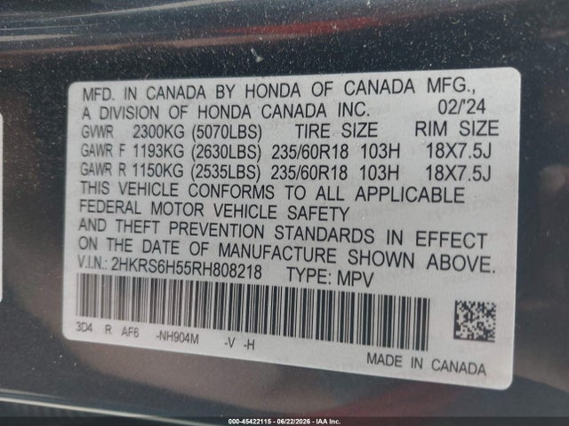 2HKRS6H55RH808218 Honda Cr-v Hybrid Sport