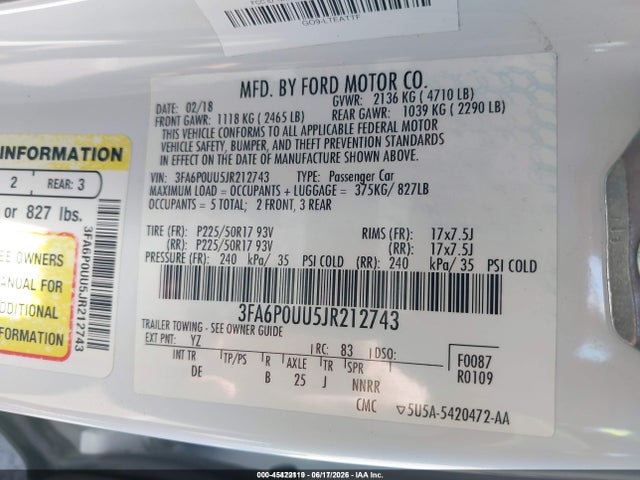 3FA6P0UU5JR212743 Ford Fusion Hybrid S
