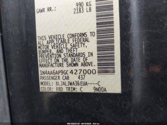 45422120 :رقم المزاد ، 1N4AA6AP9GC427000 vin ، 2016 Nissan Maxima 3.5 Sv مزاد بيع