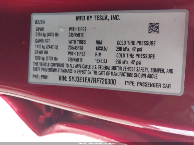 Продаж на аукціоні авто 2024 Tesla Model 3 Long Range Dual Motor All-wheel Drive/rear-wheel Drive, vin: 5YJ3E1EA7RF726300, номер лоту: 45422126