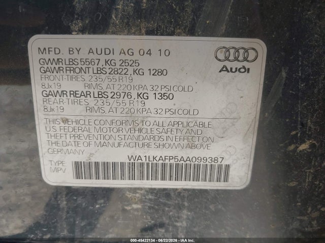 Продаж на аукціоні авто 2010 Audi Q5 3.2 Premium, vin: WA1LKAFP5AA099387, номер лоту: 45422134