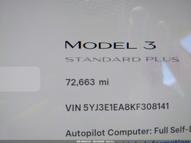 45422141 :رقم المزاد ، 5YJ3E1EA8KF308141 vin ، 2019 Tesla Model 3 Long Range/mid Range/standard Range/standard Range Plus مزاد بيع