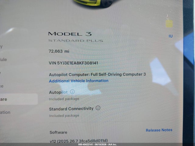45422141 :رقم المزاد ، 5YJ3E1EA8KF308141 vin ، 2019 Tesla Model 3 Long Range/mid Range/standard Range/standard Range Plus مزاد بيع