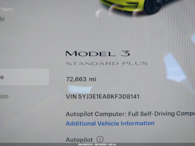 45422141 :رقم المزاد ، 5YJ3E1EA8KF308141 vin ، 2019 Tesla Model 3 Long Range/mid Range/standard Range/standard Range Plus مزاد بيع