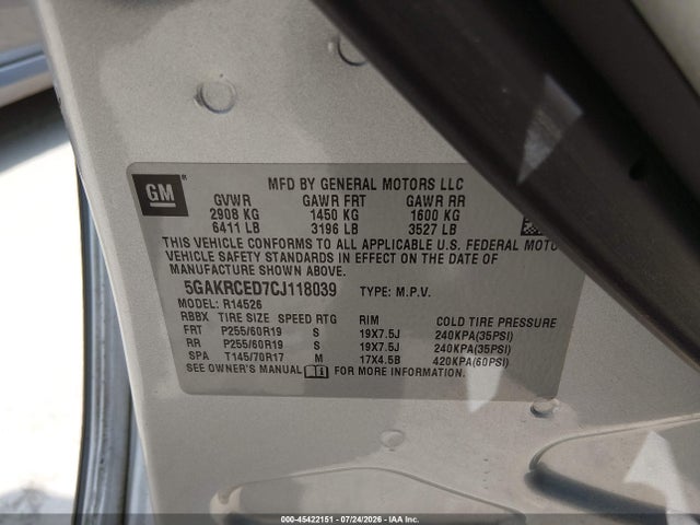 Продажа на аукционе авто 2012 Buick Enclave Leather, vin: 5GAKRCED7CJ118039, номер лота: 45422151