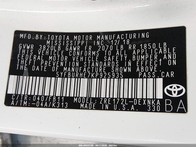 Toyota COROLLA LE 2019 5YFBURHE7KP925935 Image 9
