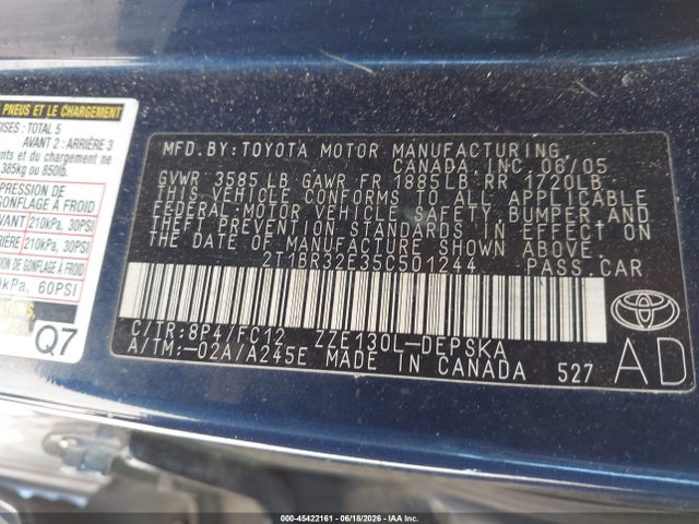 Продажа на аукционе авто 2005 Toyota Corolla S, vin: 2T1BR32E35C501244, номер лота: 45422161