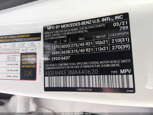 Aukcja sprzedaży 2021 Mercedes-benz Gle 350 4matic, vin: 4JGFB4KE3MA440620, numer aukcji: 45422182