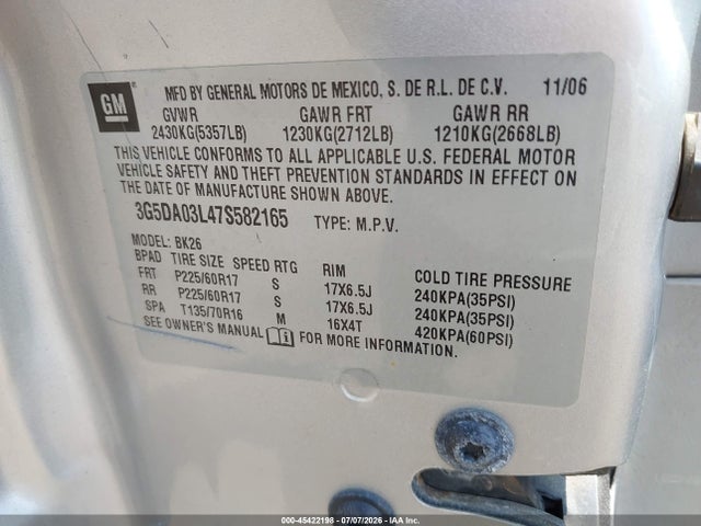 2007 Buick Rendezvous Cx მანქანა იყიდება აუქციონზე, vin: 3G5DA03L47S582165, აუქციონის ნომერი: 45422198