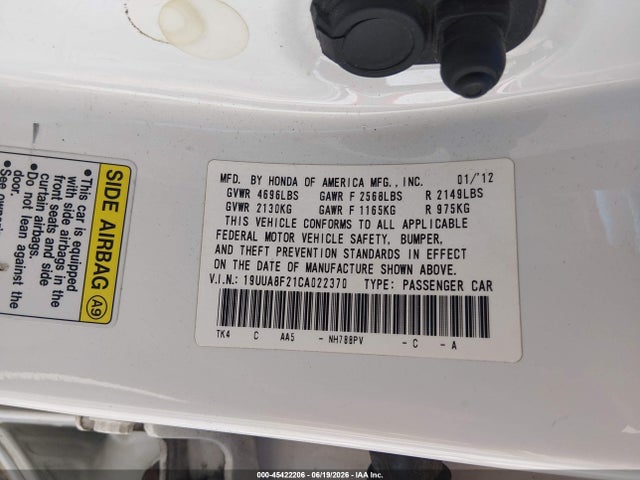 45422206 :رقم المزاد ، 19UUA8F21CA022370 vin ، 2012 Acura Tl 3.5 مزاد بيع