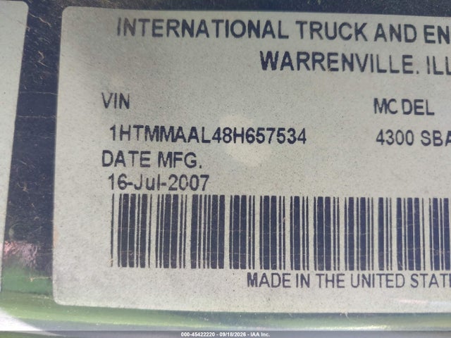 45422220 :رقم المزاد ، 1HTMMAAL48H657534 vin ، 2008 International 4000 4300 مزاد بيع