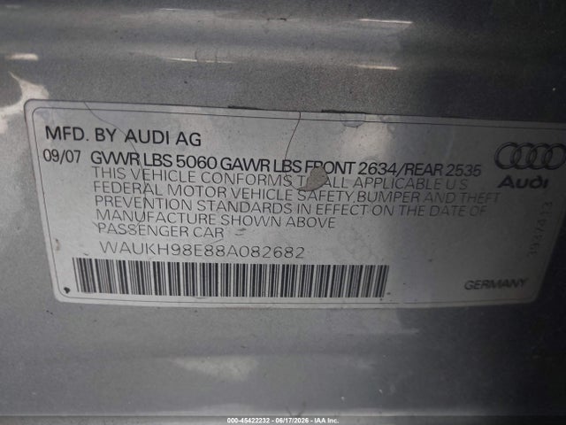 Aukcja sprzedaży 2008 Audi A4 3.2, vin: WAUKH98E88A082682, numer aukcji: 45422232