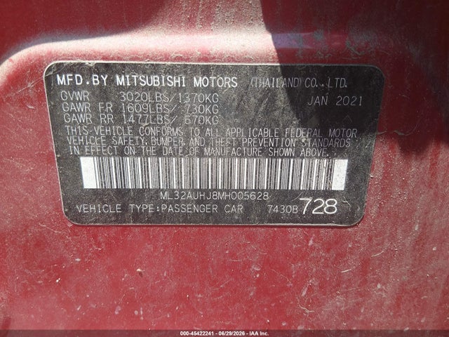 Aukcja sprzedaży 2021 Mitsubishi Mirage Carbonite Edition/es/le, vin: ML32AUHJ8MH005628, numer aukcji: 45422241