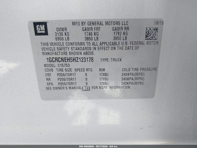 45422243 :رقم المزاد ، 1GCRCNEH5HZ123178 vin ، 2017 Chevrolet Silverado 1500 Work Truck مزاد بيع