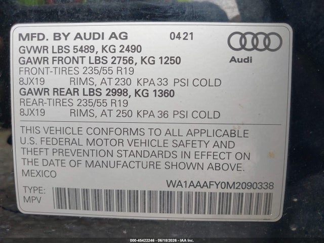 45422246 :رقم المزاد ، WA1AAAFY0M2090338 vin ، 2021 Audi Q5 Premium 45 Tfsi Quattro S Tronic مزاد بيع