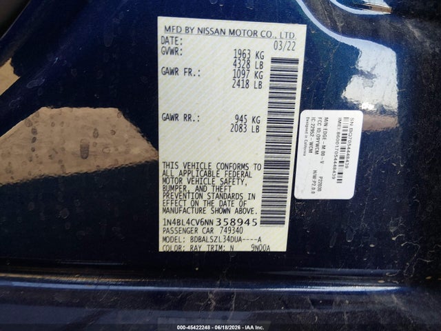 1N4BL4CV6NN358945 Nissan Altima Sr Fwd