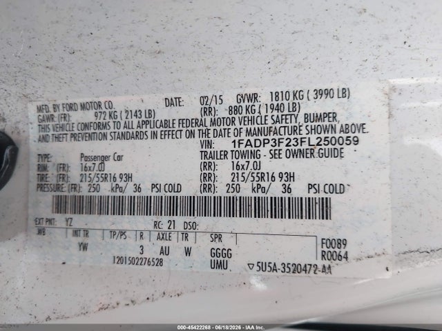 Aukcja sprzedaży 2015 Ford Focus Se, vin: 1FADP3F23FL250059, numer aukcji: 45422268