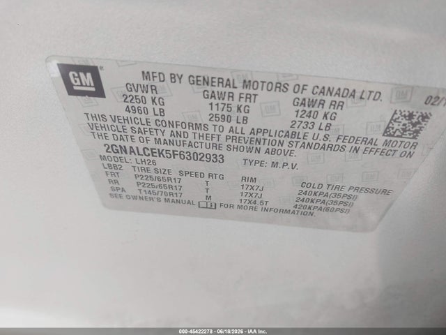 45422278 :رقم المزاد ، 2GNALCEK5F6302933 vin ، 2015 Chevrolet Equinox Lt مزاد بيع