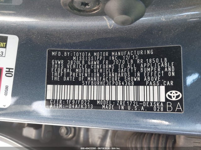 Продажа на аукционе авто 2014 Toyota Corolla S Plus, vin: 5YFBURHE3EP064368, номер лота: 45422280