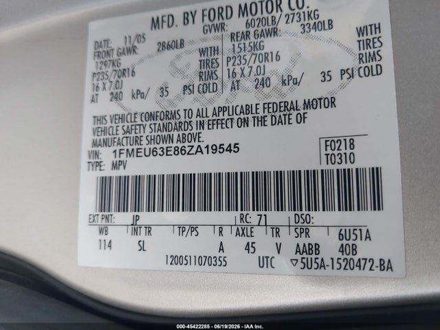 Aukcja sprzedaży 2006 Ford Explorer Xlt, vin: 1FMEU63E86ZA19545, numer aukcji: 45422285